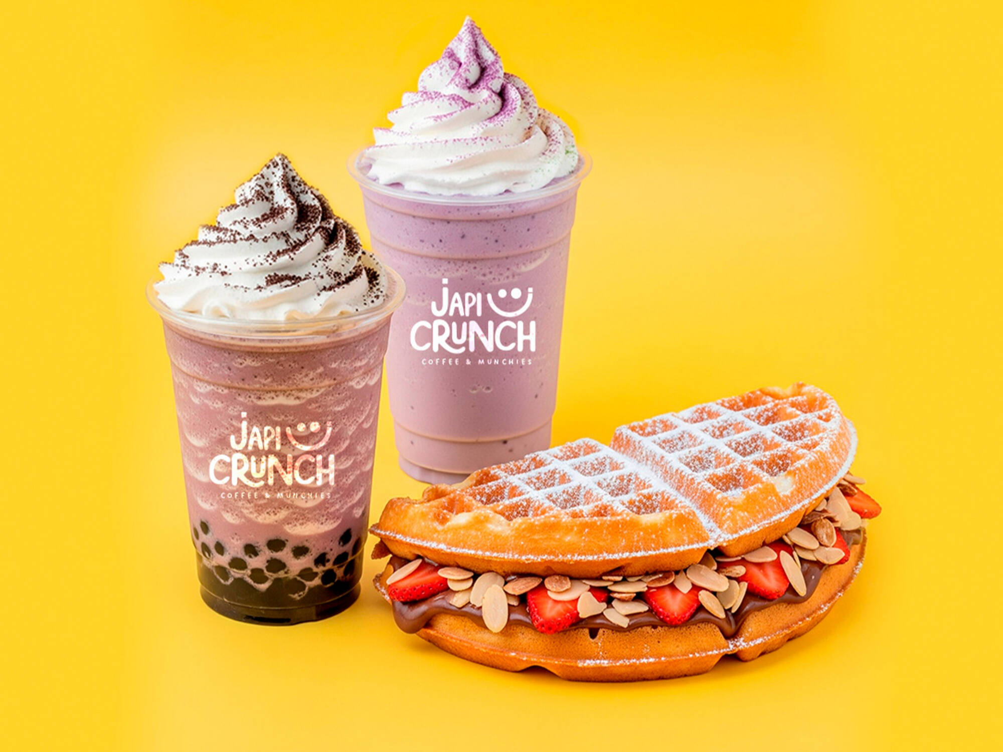 Combo Japi Crunch: Waffle especial relleno de Nutella, fresas y almendras con Frappé Taro Boba